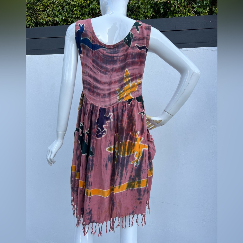80s/90s Dark Coral Hawaiian Tie Dye Tassel Dress - Picture 3 of 10